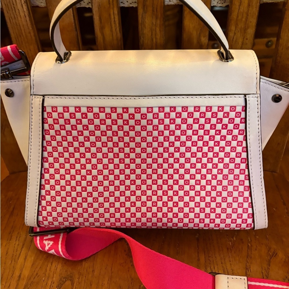 Michael Kors Whitney Medium Neon Checkerboard Logo Satchel Crossbody White/Pink - Picture 9 of 14